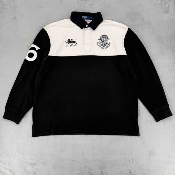 Polo Ralph Lauren Rugby Shirt Crest Logo P.R.L 1967 Black White Men's Size XL - Picture 2 of 16
